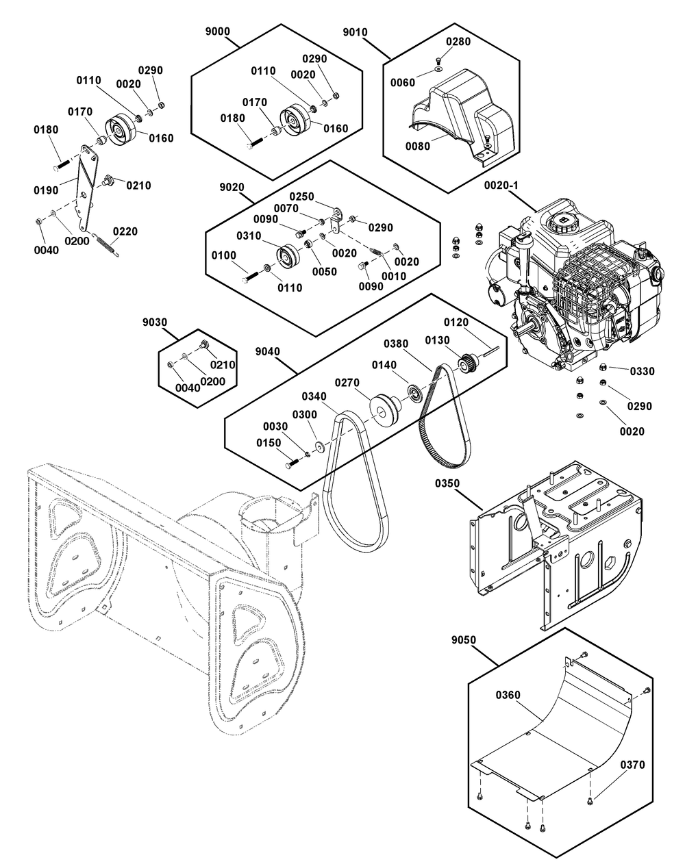Engine And Frame Group Diagram and Parts List for 1697355-00-S1224 2020 Briggs and Stratton Snow Blower